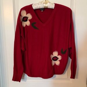 Aaeda Women's Red V-Neck Sweater with Floral Design
